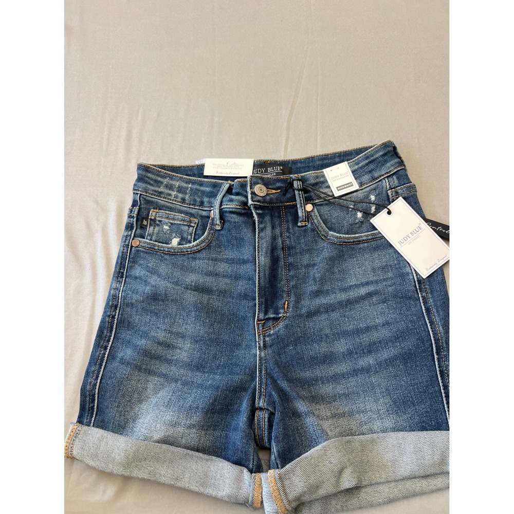Judy Blue Tummy Control High Waist Distressed Cuffed Denim Shorts Blue Small